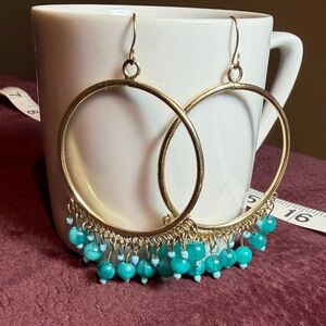 Boho Gold Tone Hoop Earrings with Turquoise Bead Fringe Vintage Y2K